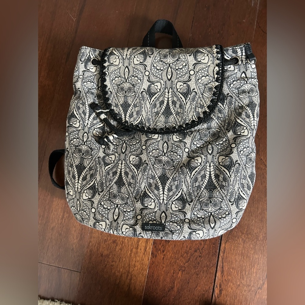 Sakroots Black and White Owl Print Boho Bohemian Whimsical Drawstring Backpack